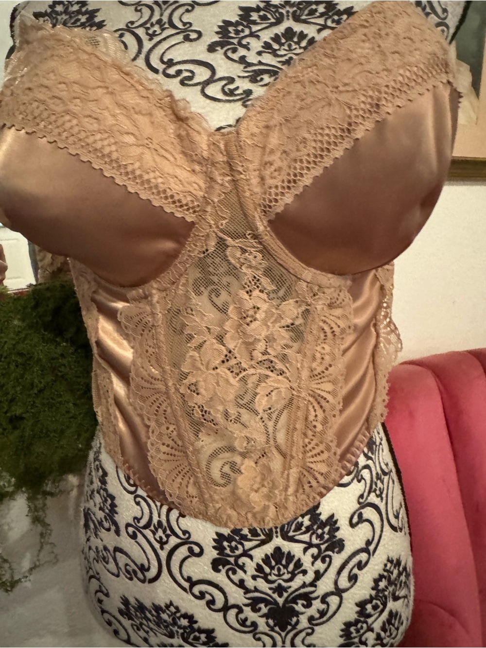 NWT Satin Lace Longline Bustier in Nude